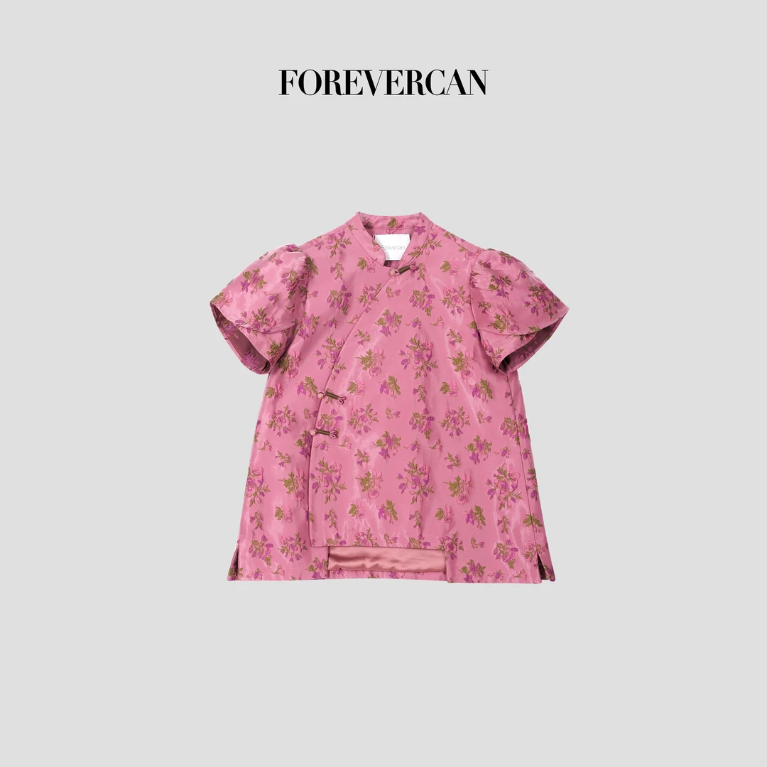 FOREVERCAN“碧玺”新中式国风提花泡泡袖斜襟上衣 ST21480