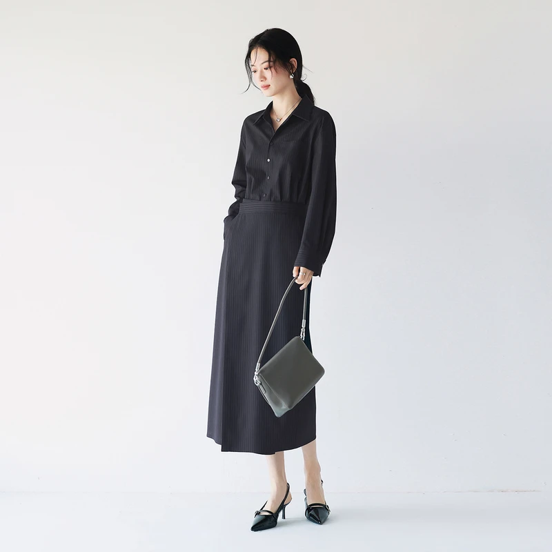 伊芙丽围裹式假两件式设计感衬衫式连衣裙春通勤职场裙1G2992941