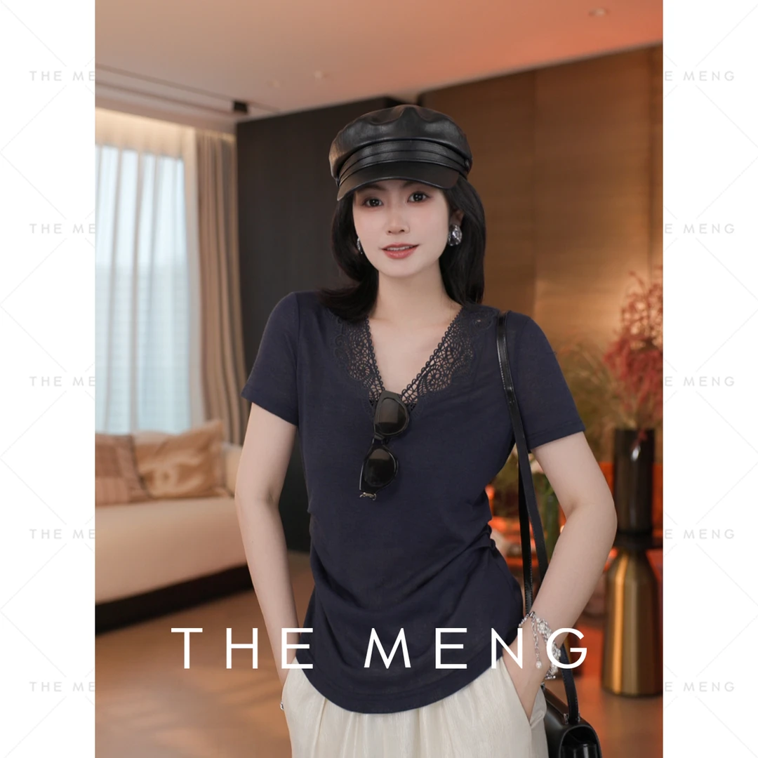 THE MENG【花蕾】天然亚麻蕾丝V领极简通勤T恤#M252D0589