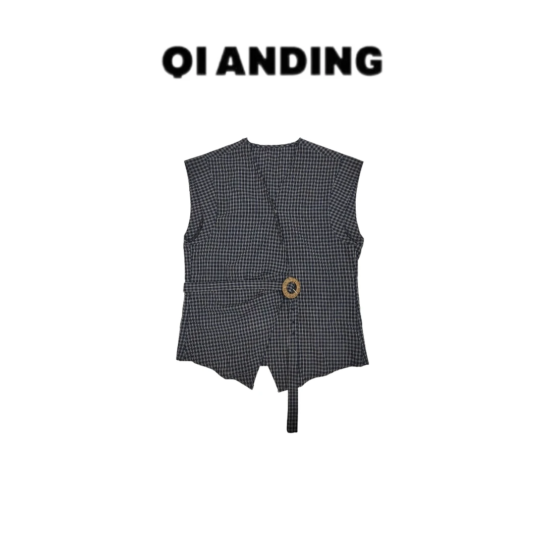 JZ 【小众设计格子马甲】气质V领T恤女夏季新款简约纯色短袖JZ25541