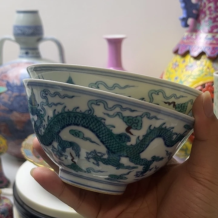 强****摆件斗彩龙纹碗一对