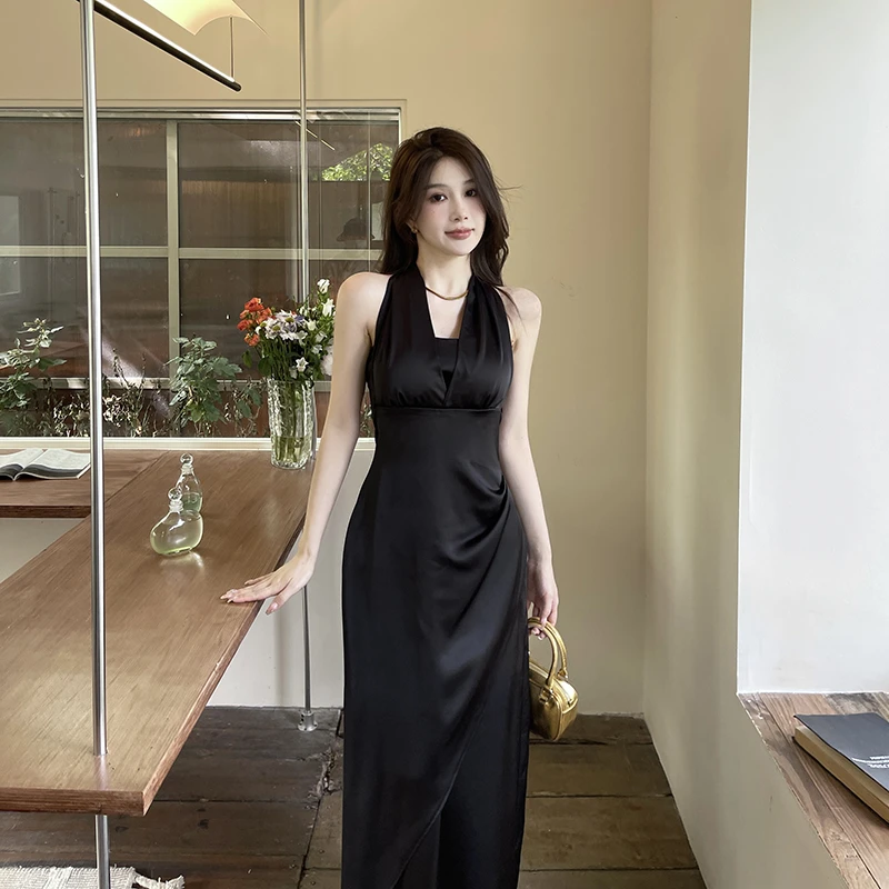 KaDaiShan【多穿法】黑色轻熟御姐风缎面挂脖连衣裙清冷感气质长裙