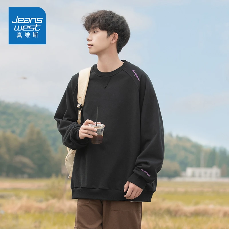 Jeanswest/真维斯男士潮流刺绣圆领卫衣春秋宽松百搭舒适打底上衣