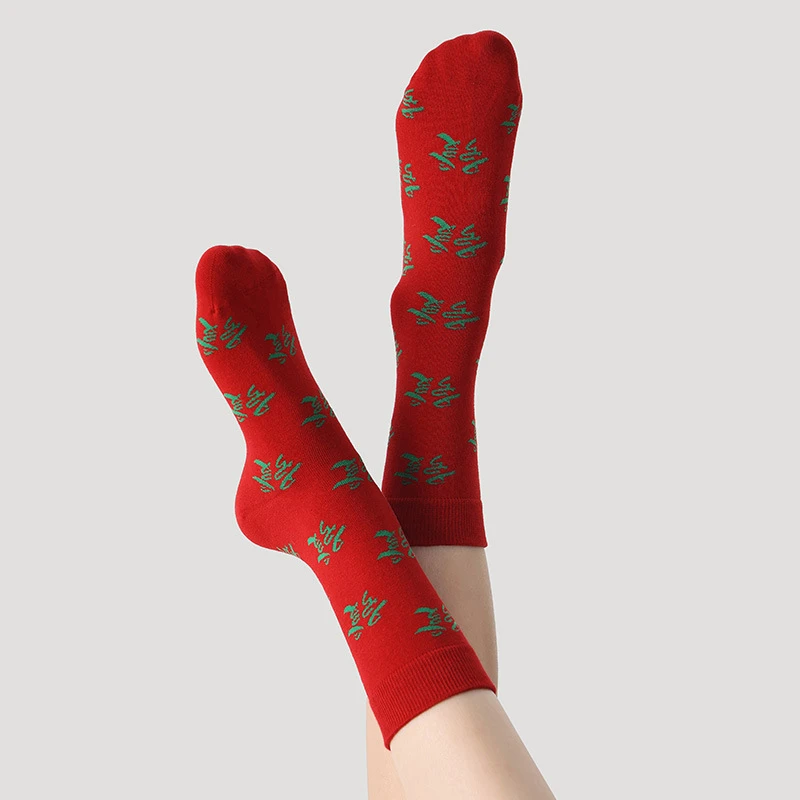 中国风中筒袜红色中筒袜情侣款男女同款潮流潮袜4双麻将袜