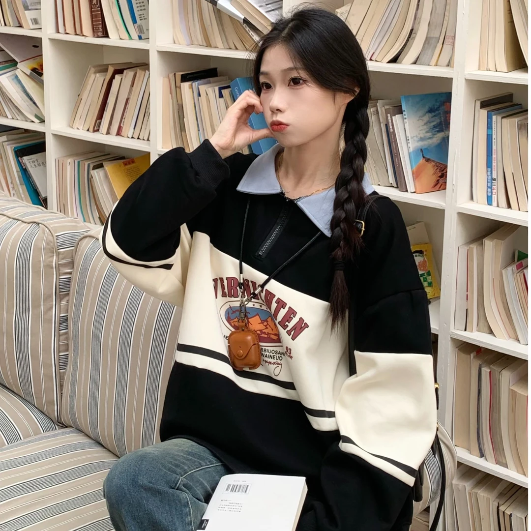 黑白拼接POLO领卫衣2024新款减龄套头休闲宽松上衣GZ101185