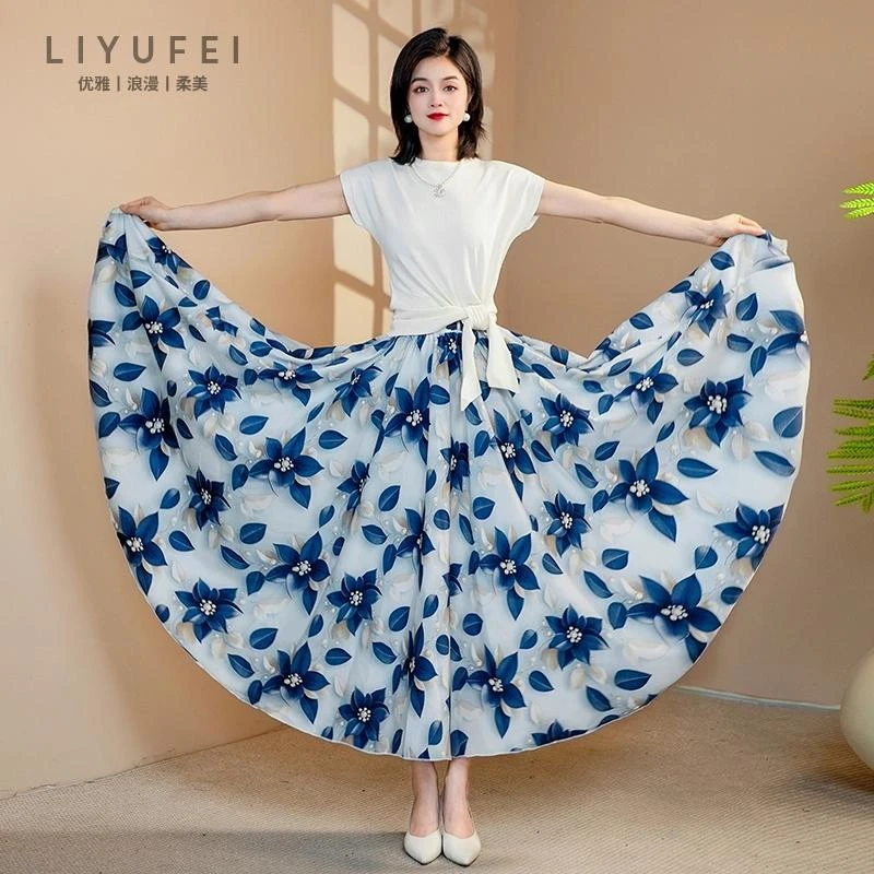 2025新款爆款时尚洋气蓝色印花半身裙女夏大摆显瘦A字长裙带口袋