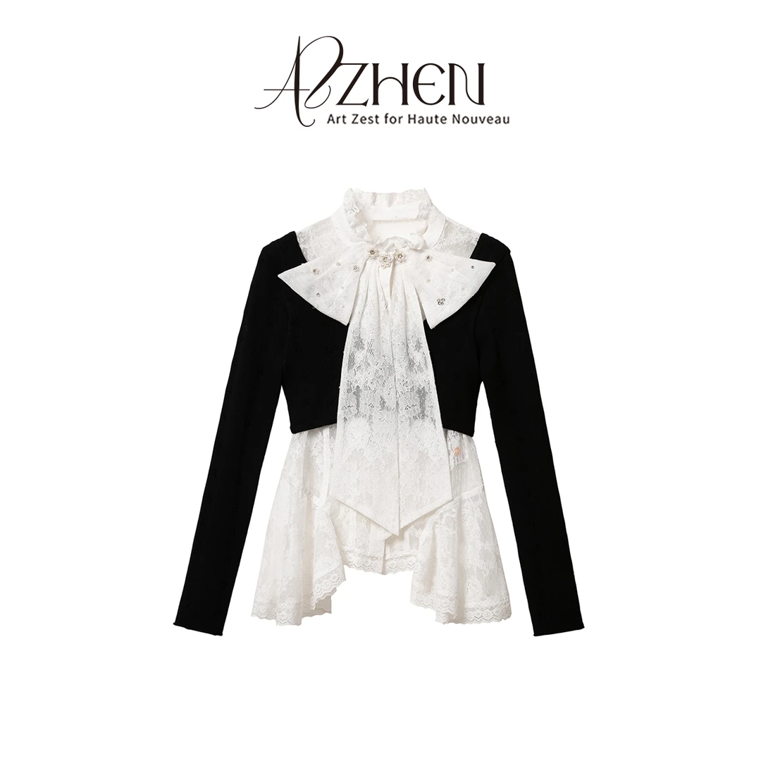 AZZHEN【利斯顿少女】蝴蝶结飘带蕾丝拼接上衣AZ4KBS20-00