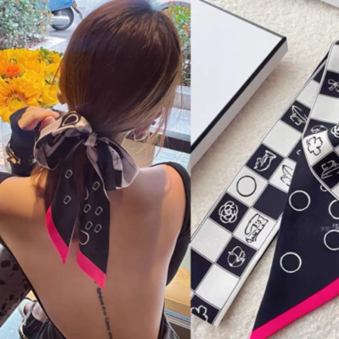 网格字母高品质小香风丝巾长条飘带束发带细窄真丝绑包防晒用品