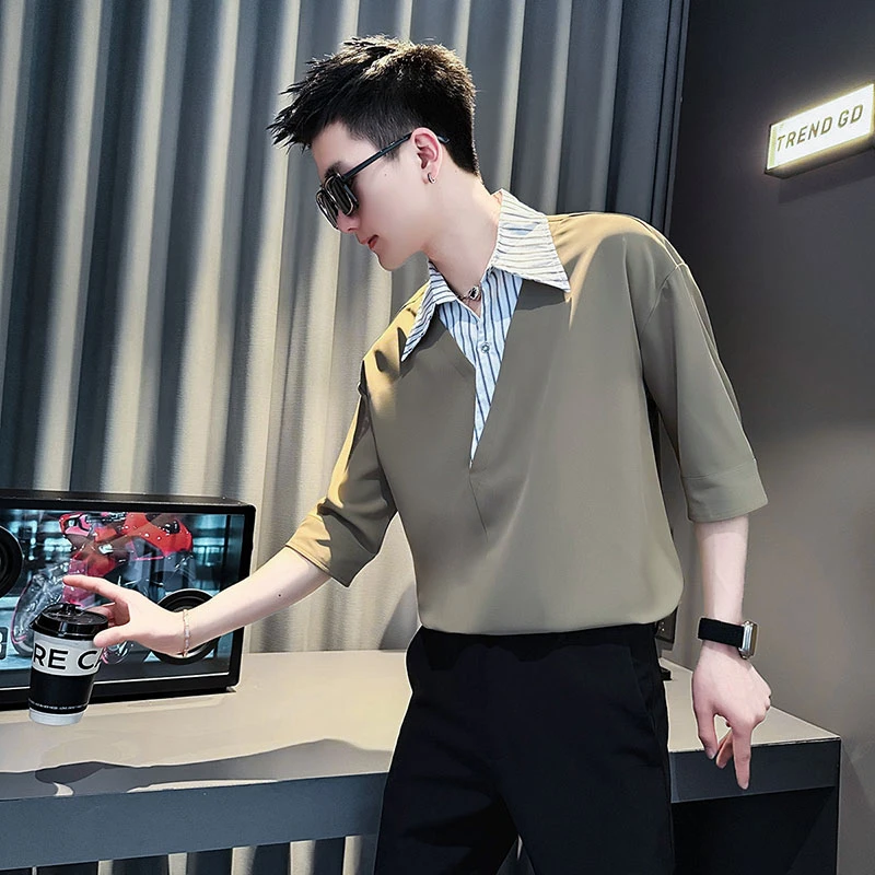 拼接条纹衬衫男士短袖夏季2025新款高级感男装英伦痞帅休闲衬衣薄