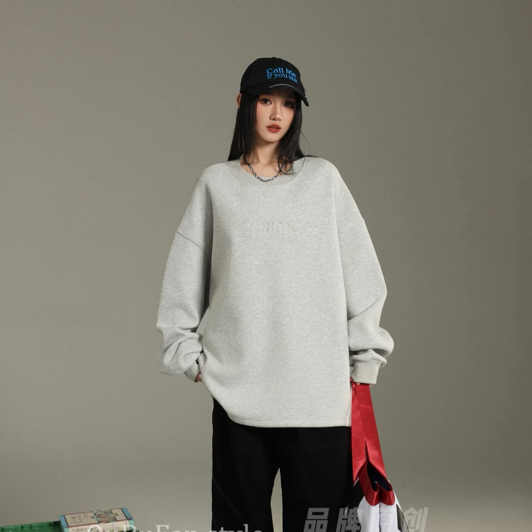 大童青少年秋冬加绒重磅潮流刺绣绞花圆领套头卫衣3079