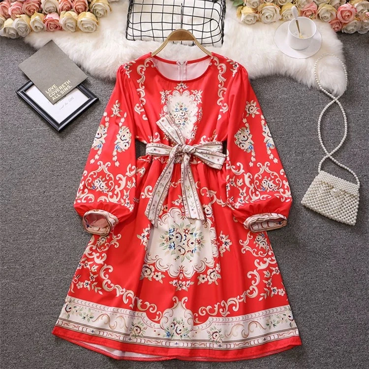 A91宫廷风裙子春装新款女装气质复古印花欧美法式连衣裙