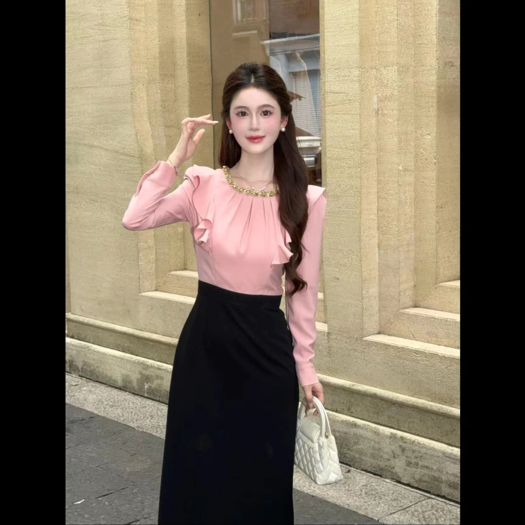 小香风高级温柔甜美粉拼黑收腰精致长袖女连衣裙QY0051