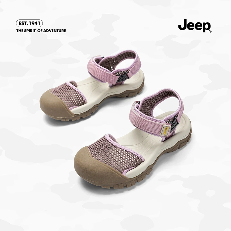 【Jeep/吉普】包头镂空中跟魔术贴2025秋季时装凉鞋户外平底凉鞋女