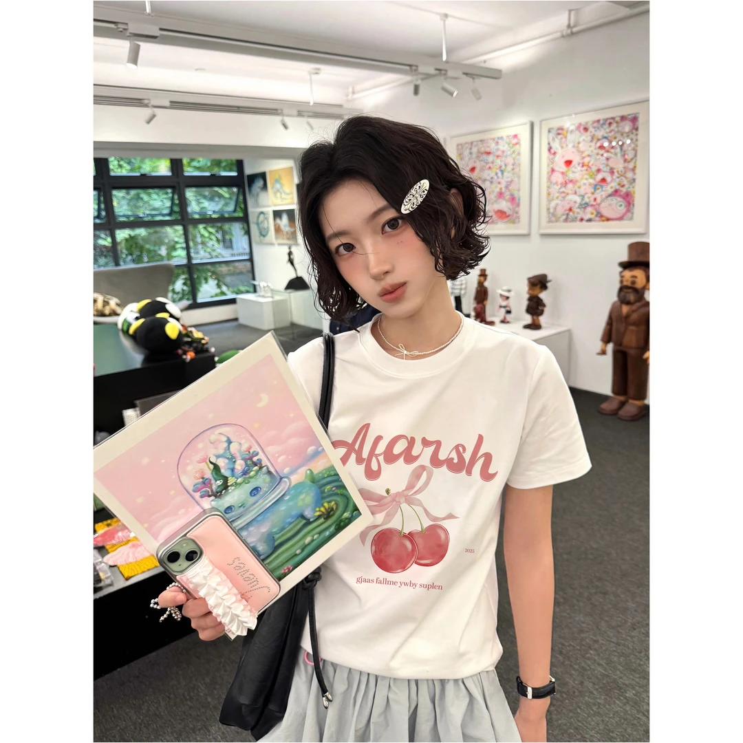 夏季百搭显瘦圆领正肩t恤女短袖小众白色甜美少女风穿搭新款上衣