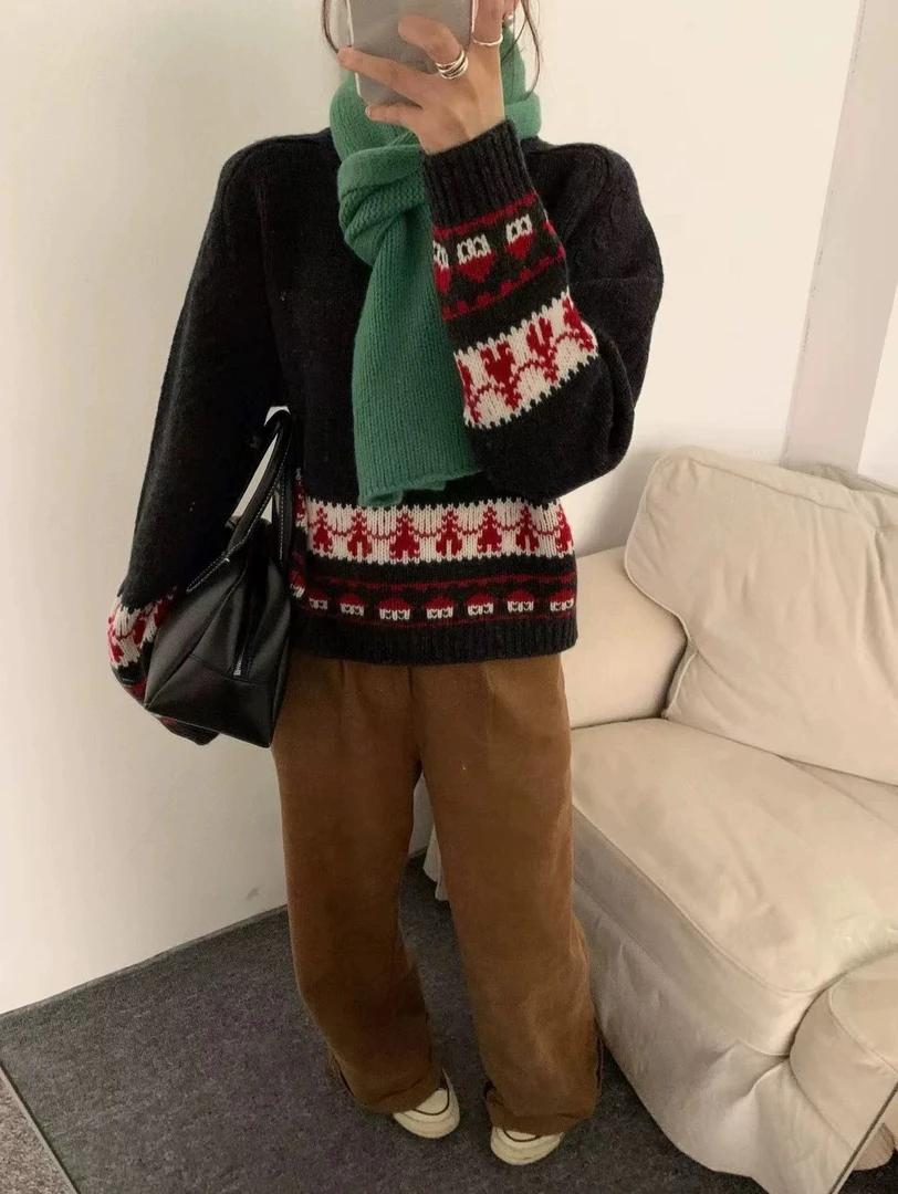 9131冬季韩系圆领套头提花圣诞毛衣女加厚针织上衣女