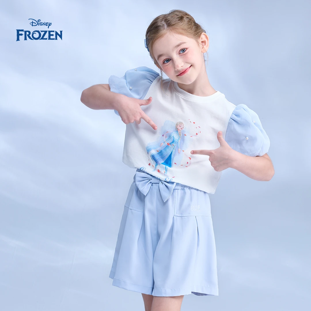 Disney迪士尼女童套装2025夏新款洋气泡泡袖中大童短袖短裤两件套