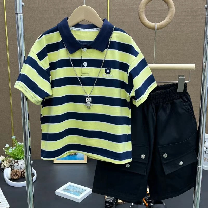 男童夏款短袖翻领衫2025儿童中大童条纹帅气宽松休闲透气POLO衫潮