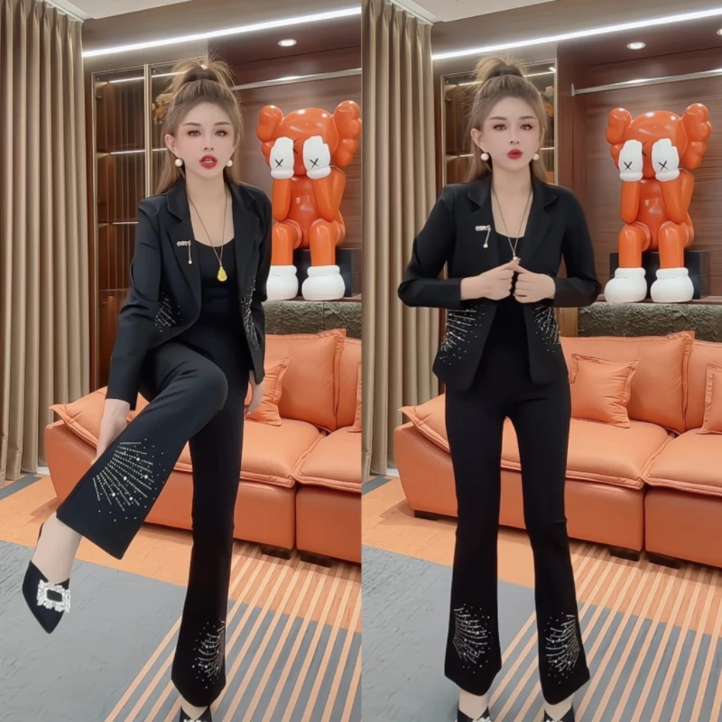 时尚显瘦气质百搭女西服套装黑色重工烫钻春季西服两件套