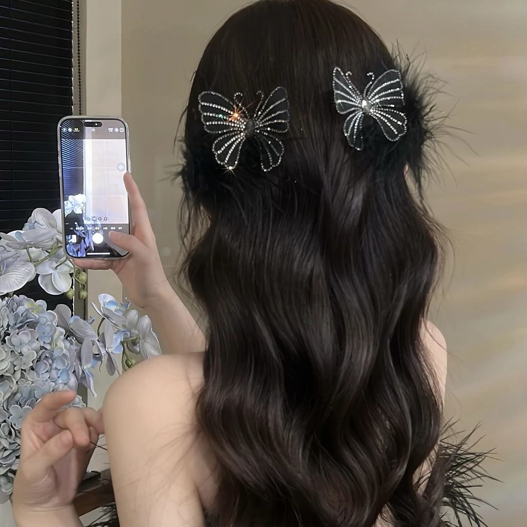 [羽蝶]韩系网红黑色时尚百搭蝴蝶羽毛一对边夹显气质侧边夹