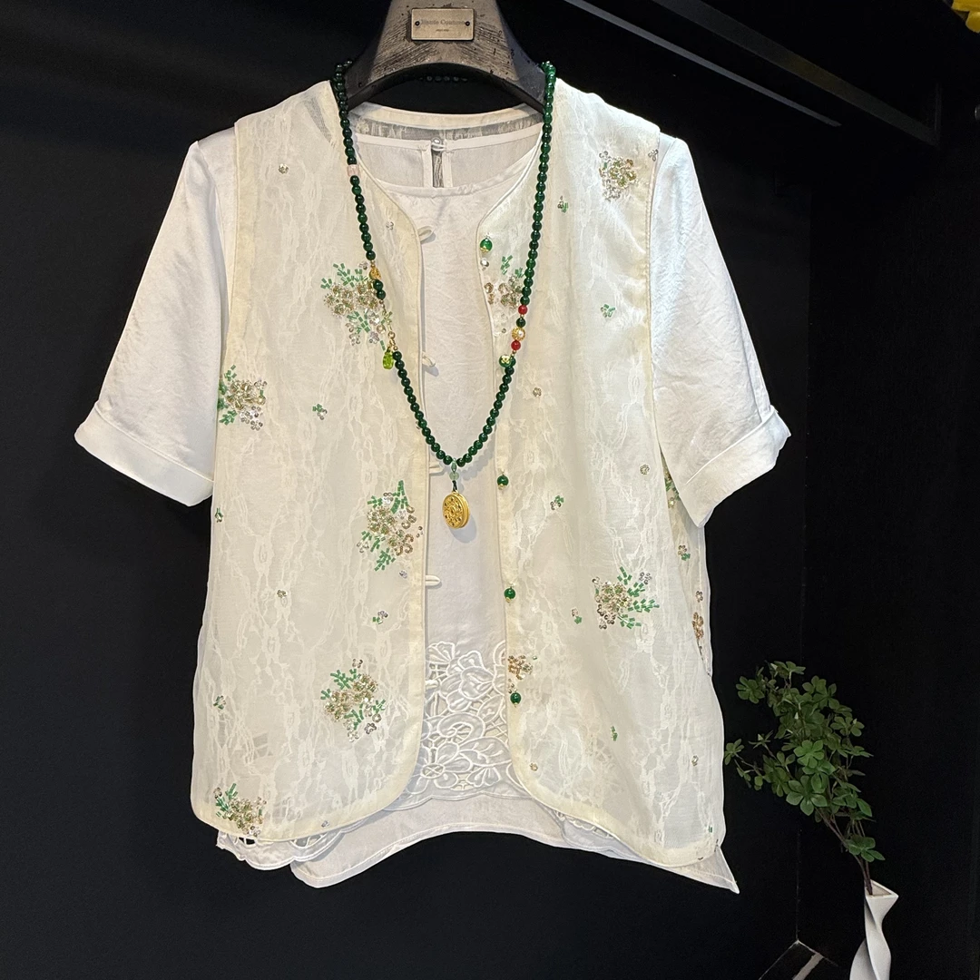 春夏桑蚕丝奶白色新中式国风刺绣马甲夏季绣花提花时尚百搭马夹