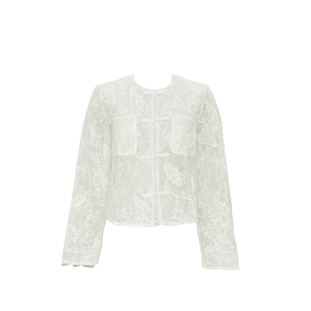 设计师春季气质百搭蕾丝白色短款时尚法式上衣外套   X1916
