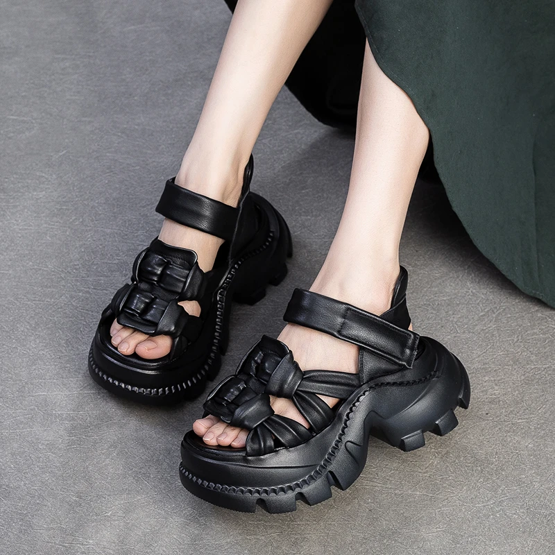 头层牛皮运动凉鞋女厚底2025新款夏季增高老爹凉鞋松糕编制休闲潮