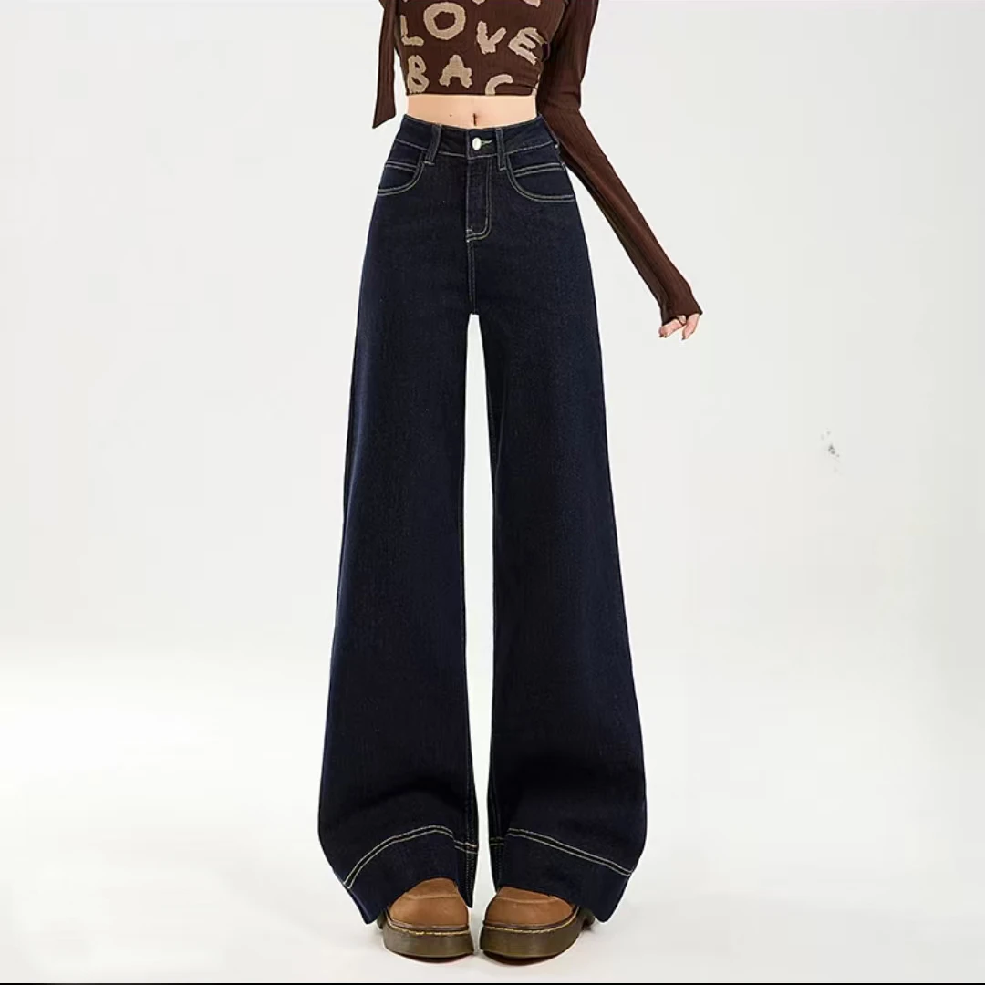 丹宁色阔腿牛仔裤女秋季新款2025高个子长裤微弹力阔腿裤子