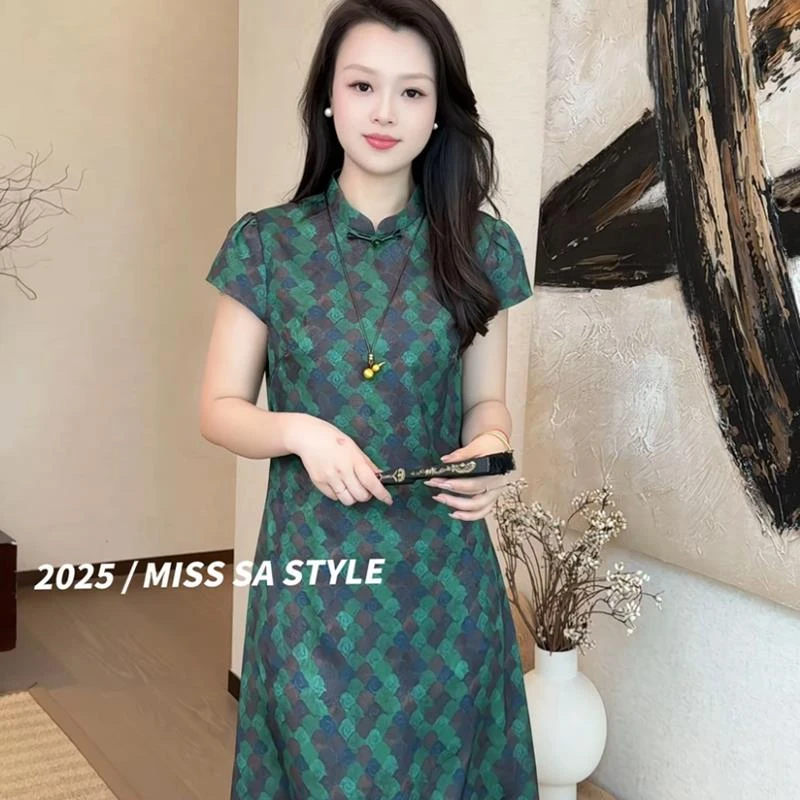 新中式国风气质复古印花短袖连衣裙今年夏季新款收腰显瘦绿色裙子