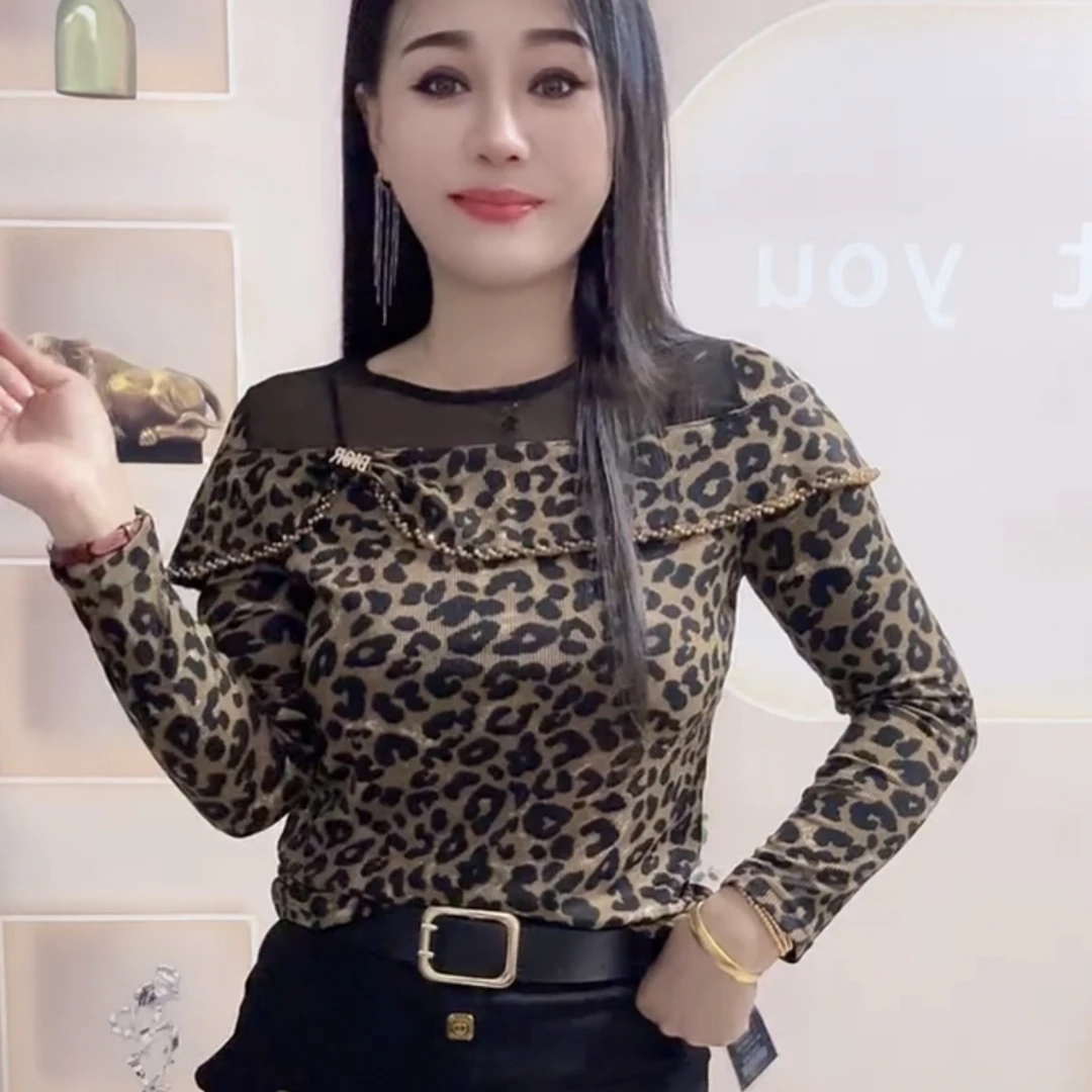 洋气百搭女士内搭上衣常规款修身显瘦时尚圆领拼接豹纹长袖女T恤