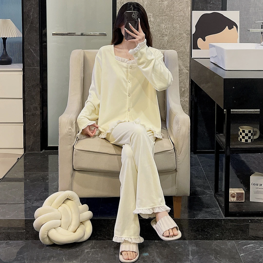 睡衣女秋冬季超柔软海岛绒长袖大码加厚保暖珊瑚绒开衫套装家居服