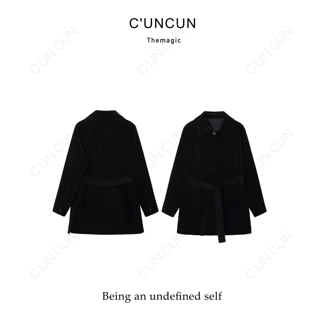 【村村CUNCUN】2025秋新品气质复古灯芯绒中长外套风衣