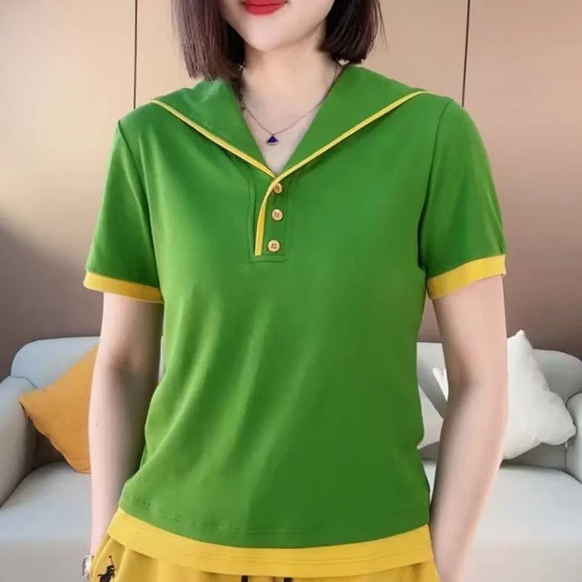 2025夏季新款时尚女装海军领短袖T恤衫减龄妈妈装精梳棉百搭上衣