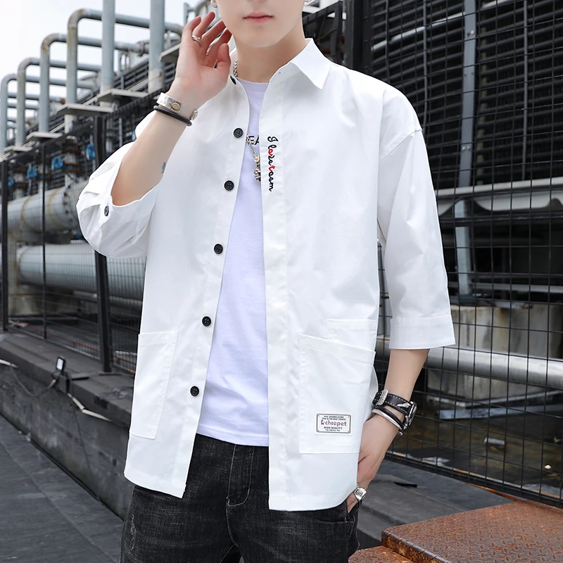 纯棉刺绣男士七分袖夏季简约潮流男装衬衫时尚口袋衬衣休闲上衣