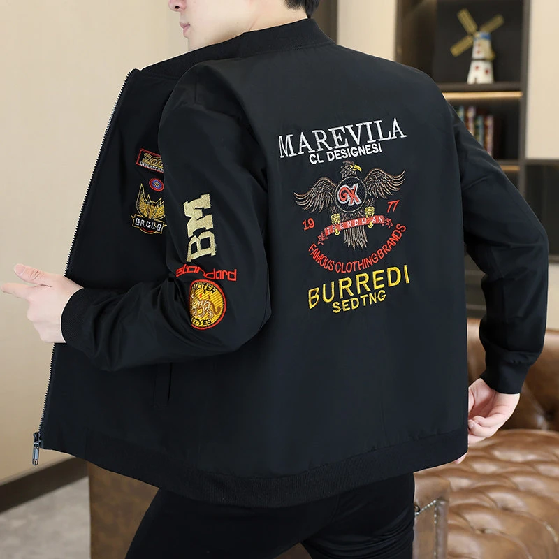 欧洲站春秋季新款时尚潮流帅气百搭夹克绣花棒球服领男士休闲外套