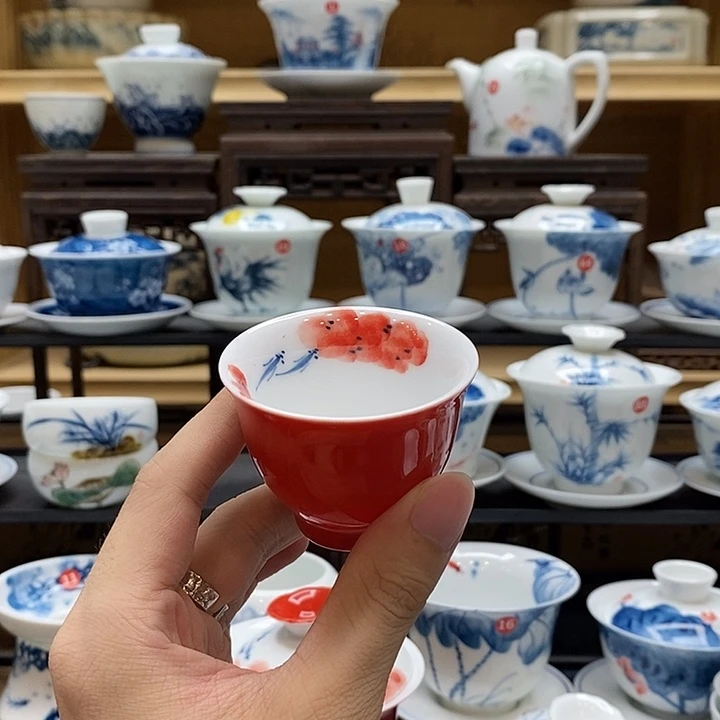 冥***心手绘龙船花杯子一个装釉下彩高温瓷微瑕福利款