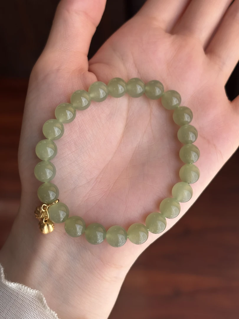 0712WM和田玉晴水绿圆珠s925银镶嵌手串约8mm多样性发其一