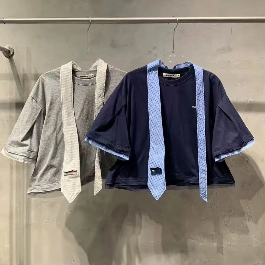 王美丽本丽-no退no换 谨慎下单3368设计师品牌条纹领带短袖上衣