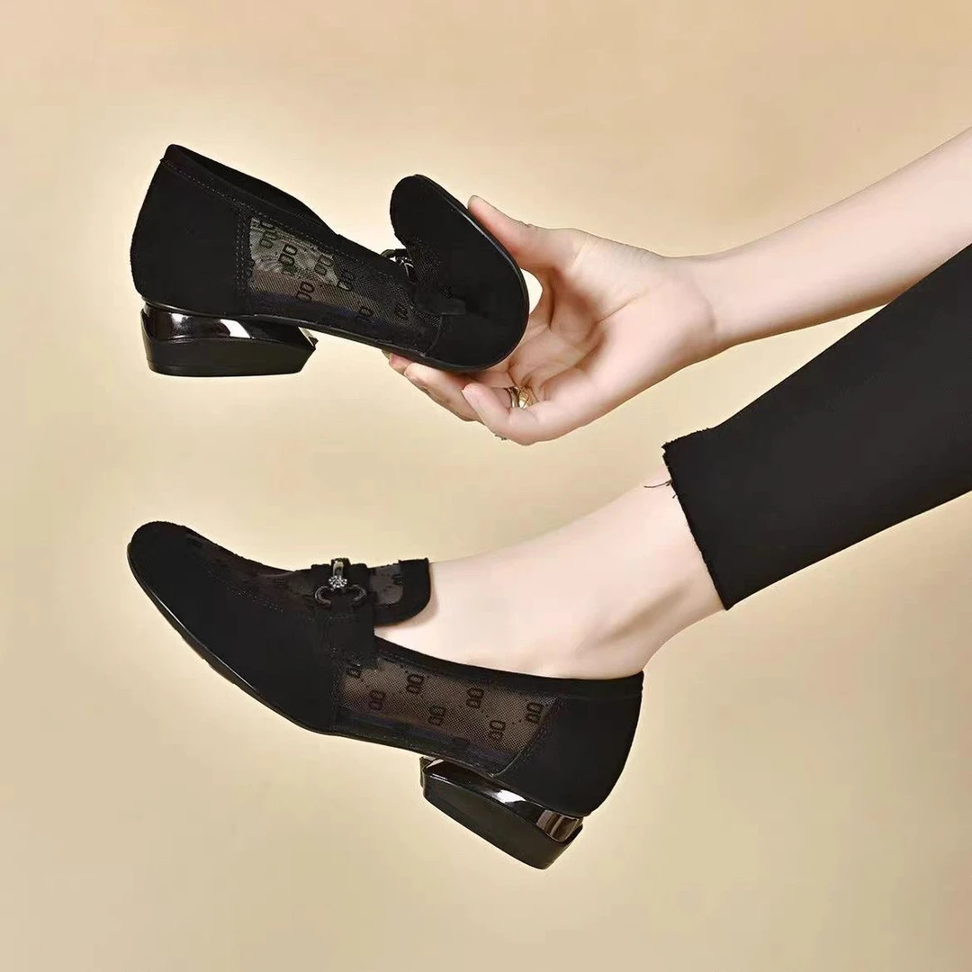 网纱单鞋2025新款妈妈夏季凉鞋圆头镂空豆豆女鞋透气乐福鞋不累脚