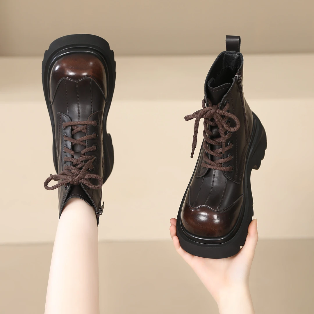 超火厚底马丁靴女2025年秋冬新款百搭增高圆头加绒英伦短靴显脚小