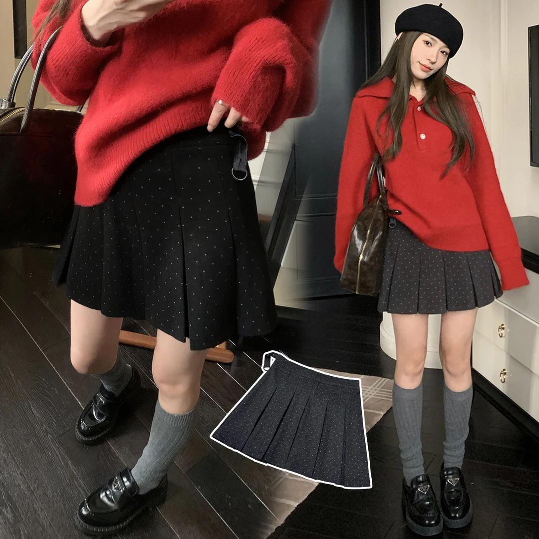冬季加厚毛呢学院风波点百褶裙韩系百搭无托腹半身裙短裙