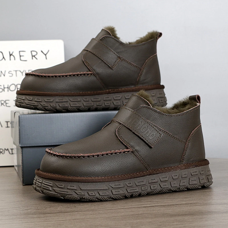 5896头层牛皮+全羊毛魔术贴雪地靴男女款冬季真皮防水防滑大棉鞋