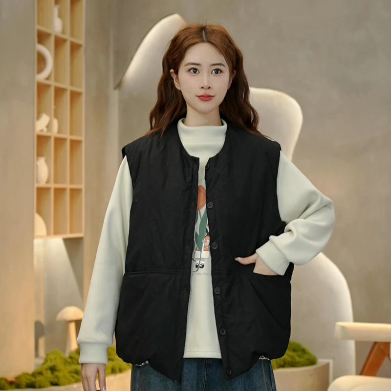3781 简约宽松夹棉圆领马甲单排扣秋冬新款加厚保暖棉马夹