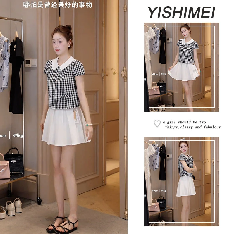 夏季温柔2025新款韩系格子撞色娃娃领短袖上衣高腰A字短裙套装