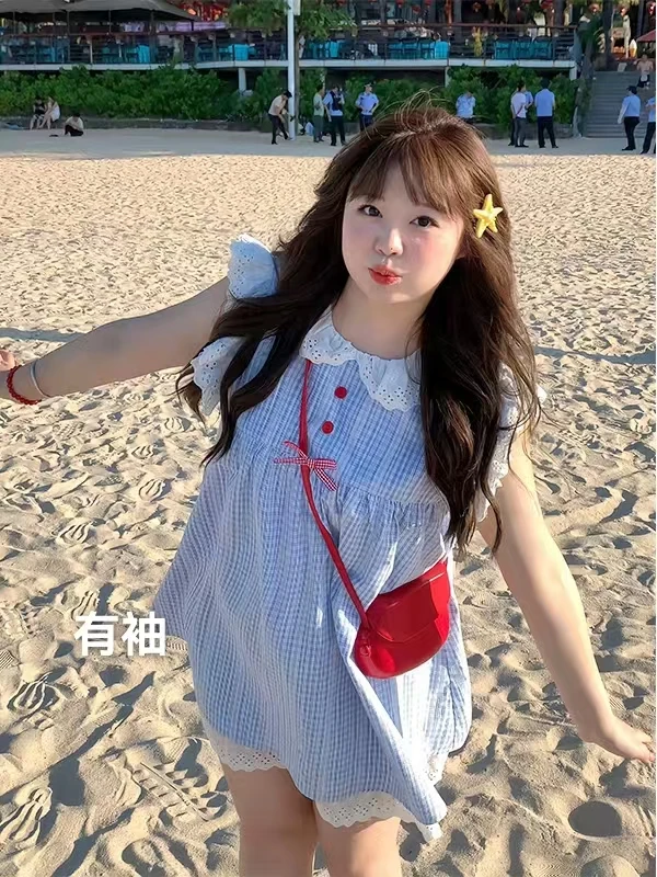 大码胖mm韩系休闲风蕾丝拼接上衣新款慵懒宽松显瘦甜美短裙1926