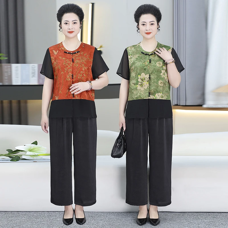 妈妈装夏季新款开衫套装中老年女装国风花色洋气两件套8806