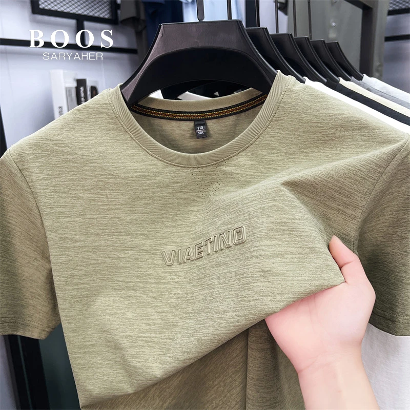 BOOSSARYAHER2025夏季自带香薰短袖t恤男士轻奢高档圆领百搭T恤衫