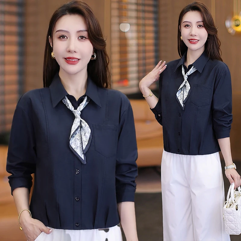 2025秋季新款时尚简约长袖修身百搭甜美风衬衣韩版女减龄上衣衬衫