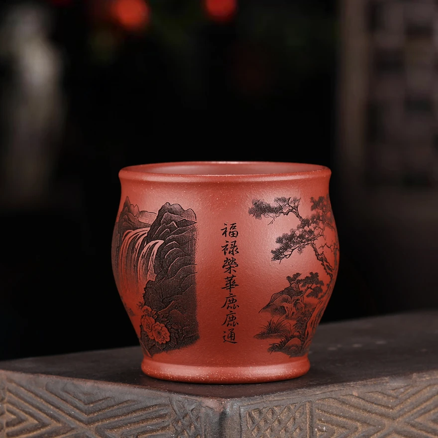 宜兴原矿紫砂  手工主人杯  底槽清 精雕细刻  福禄