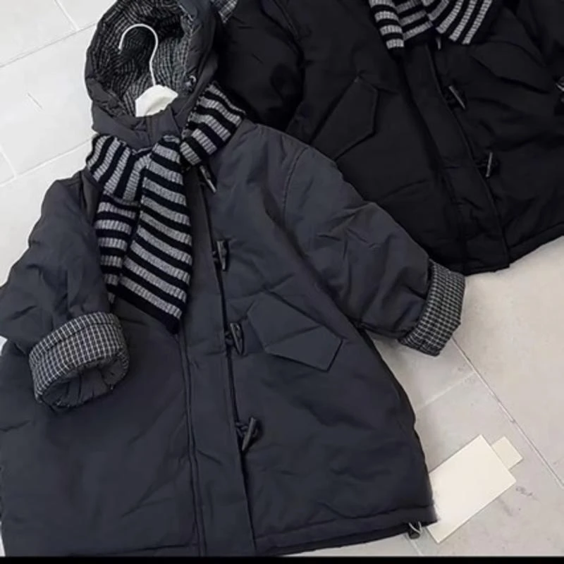 男女童棉服2025新款冬季韩系洋气格子拼接中长款加绒加厚连帽棉衣