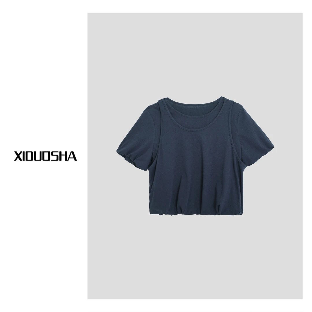 XIDUOSHA/喜朵莎原创设计款假两件显瘦松紧腰短袖  XDS1476